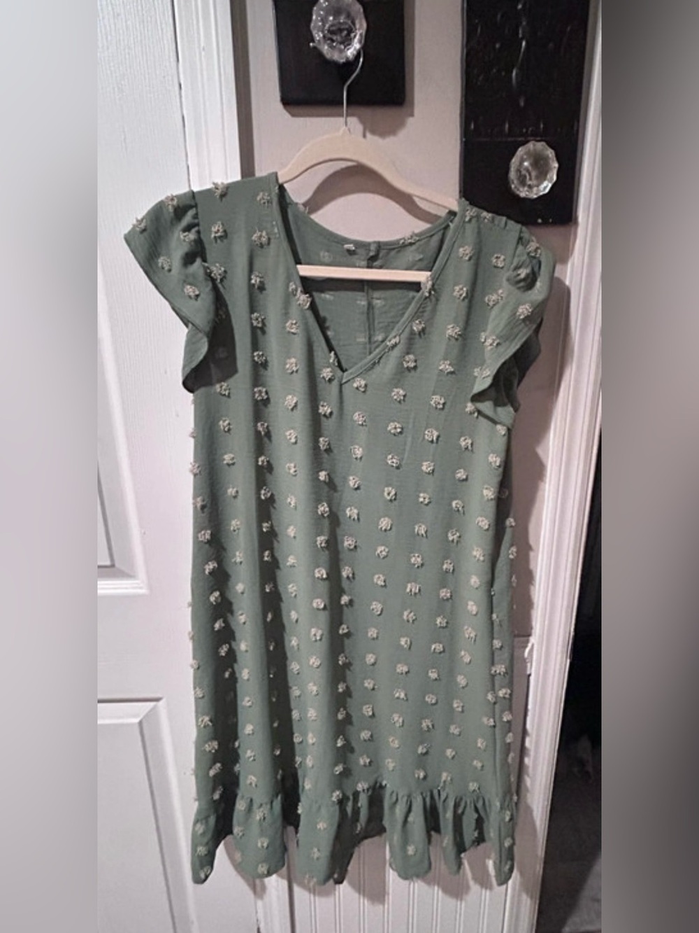 Green Textured Flutter Sleeve Dress